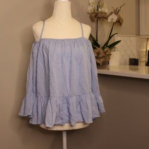 blue off the shoulder long sleeve top